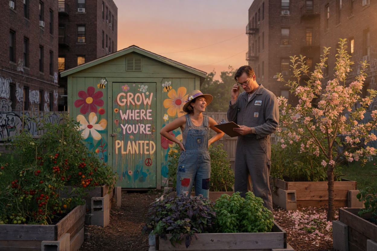 A sunlit urban community garden at golden hour with raised beds, a wooden toolshed, and a woman in a straw hat laughing while a tall serious man in a gray work jacket examines a clipboard beside a blossoming apple tree.
