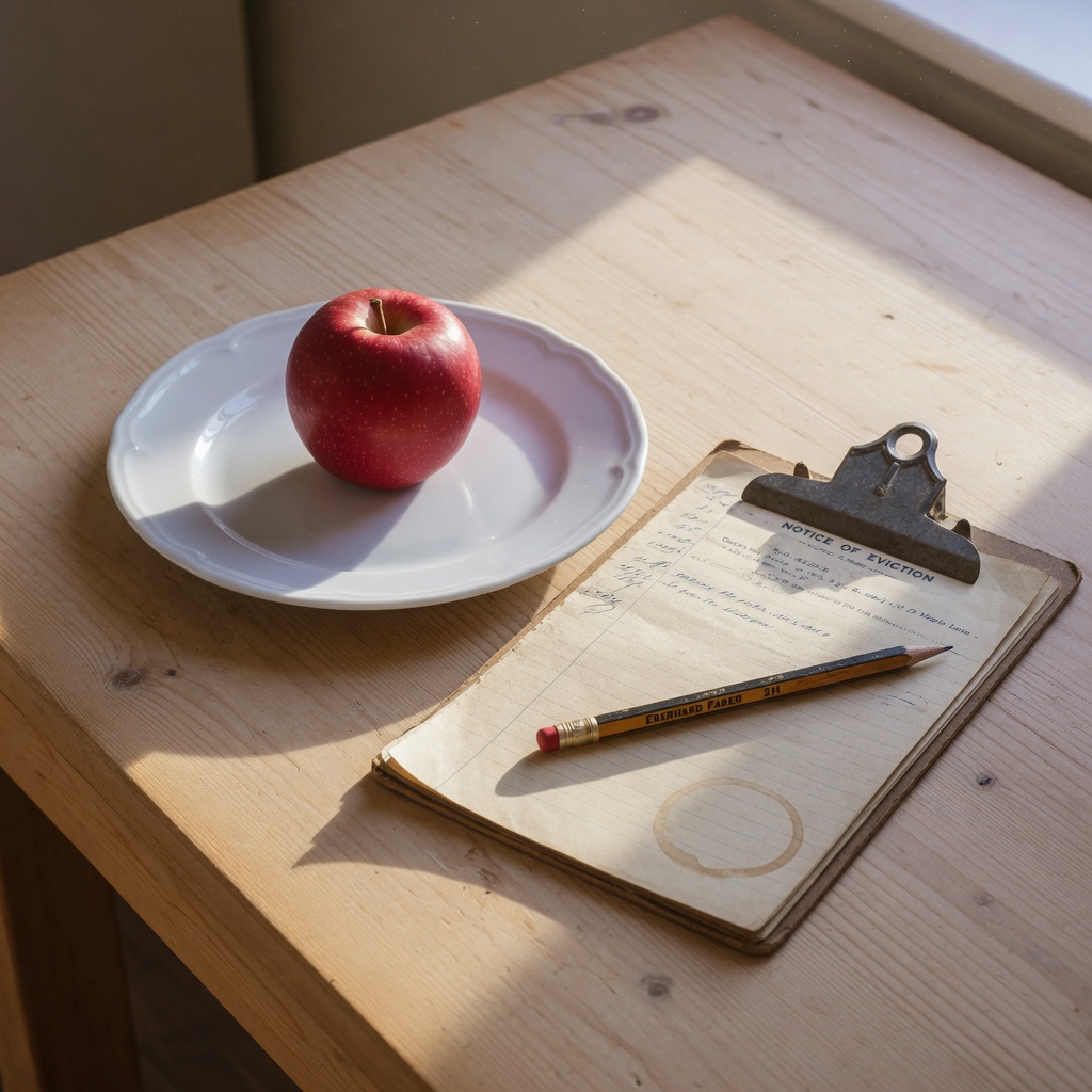 A close up of a wooden kitchen table with a single red apple on a white plate beside a clipboard and a yellowing legal letter, morning light through a window.