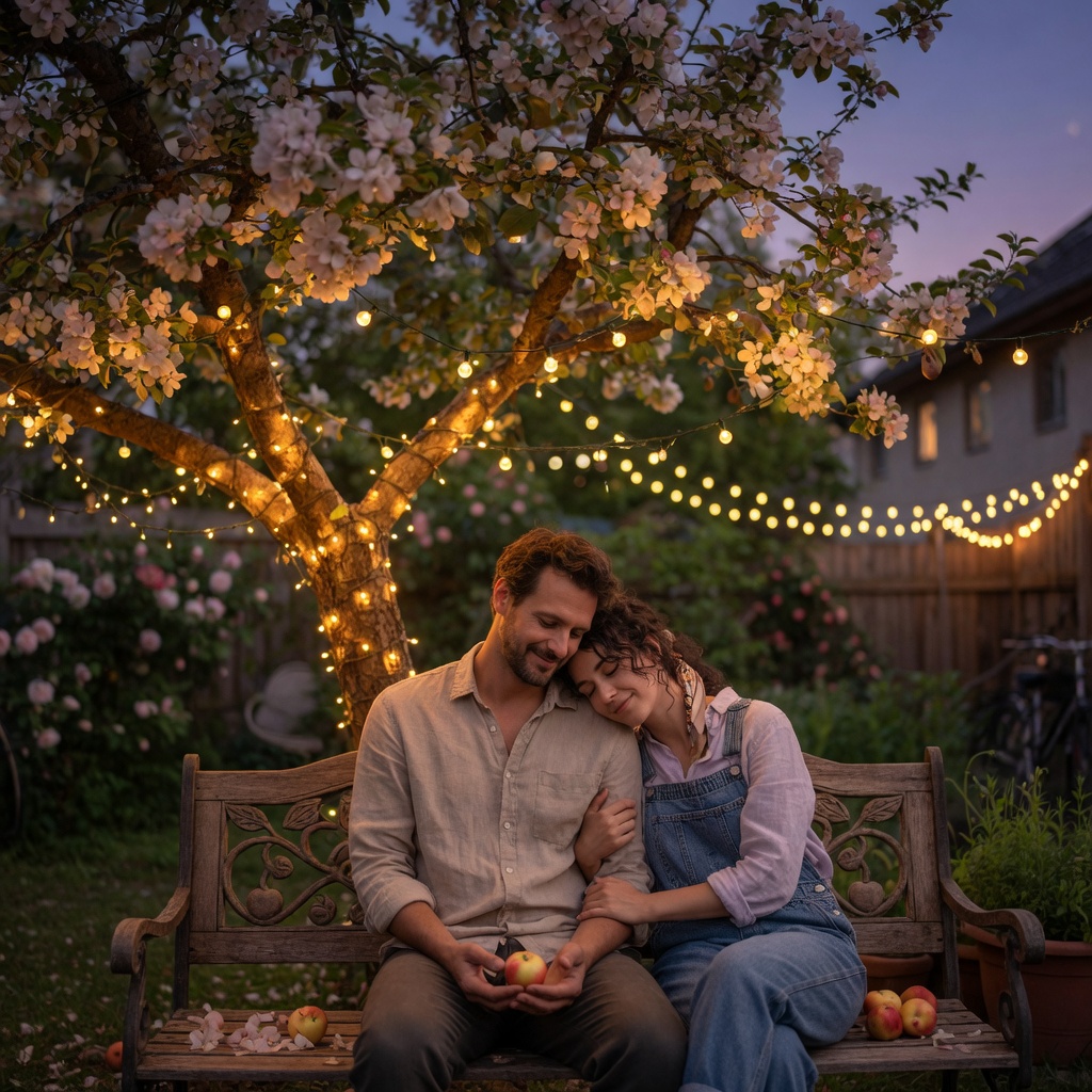 A golden evening scene under a blossoming apple tree in an urban garden, a man in a linen shirt and a woman in overalls sitting close on a carved wooden bench sharing apple slices, string lights glowing behind them.