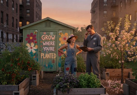 Cinematic golden hour photograph of a small urban community garden wedged between city buildings, raised beds overflowing with tomatoes and basil, a weathered wooden toolshed with a colorful painted mural, a young apple tree in bloom, a warm smiling woman in denim overalls and a battered straw hat standing with hands on hips while a tall stern man in a gray work jacket studies a clipboard, soft warm light, shallow depth of field, romantic contemporary fiction book cover mood.