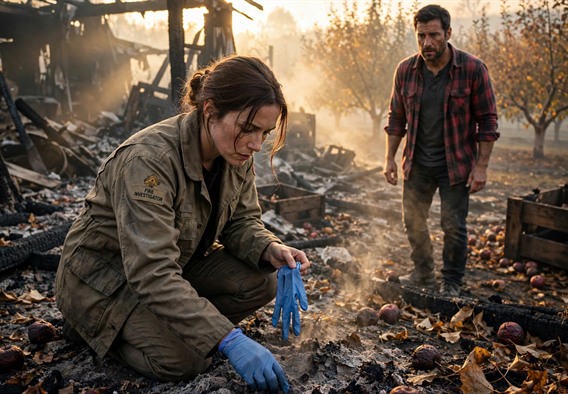 Cinematic romance suspense still: a woman in her mid thirties wearing a khaki fire investigator jacket and nitrile gloves pulled off one hand, kneeling in the ashes of a burned apple packing house at dawn, while a rugged orchard owner in a flannel shirt watches her from a few steps away, concern and attraction readable in his posture, smoke haze, golden backlight, muted autumn palette, no text