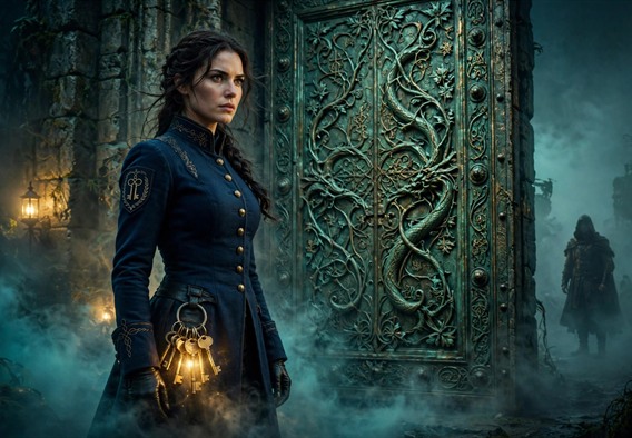 Cinematic romantasy book-cover style scene: a determined adult woman with dark hair in a fitted midnight-blue warden's coat, an iron ring of glowing brass keys at her hip, standing guard before a massive ornate green-bronze door set into ancient stone, mist and lamplight curling around her boots, a distant man in a dark traveler's coat watching from the fog, moody teal and gold palette, no text.