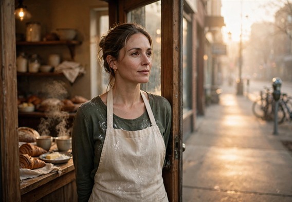Cinematic romance still: a woman in her mid thirties wearing a flour dusted linen apron stands in the open doorway of a cozy corner bakery at dawn, warm golden light spilling across a quiet Minneapolis sidewalk, steam rising from coffee cups, soft morning haze, shallow depth of field, warm amber and cream palette, film grain, no text