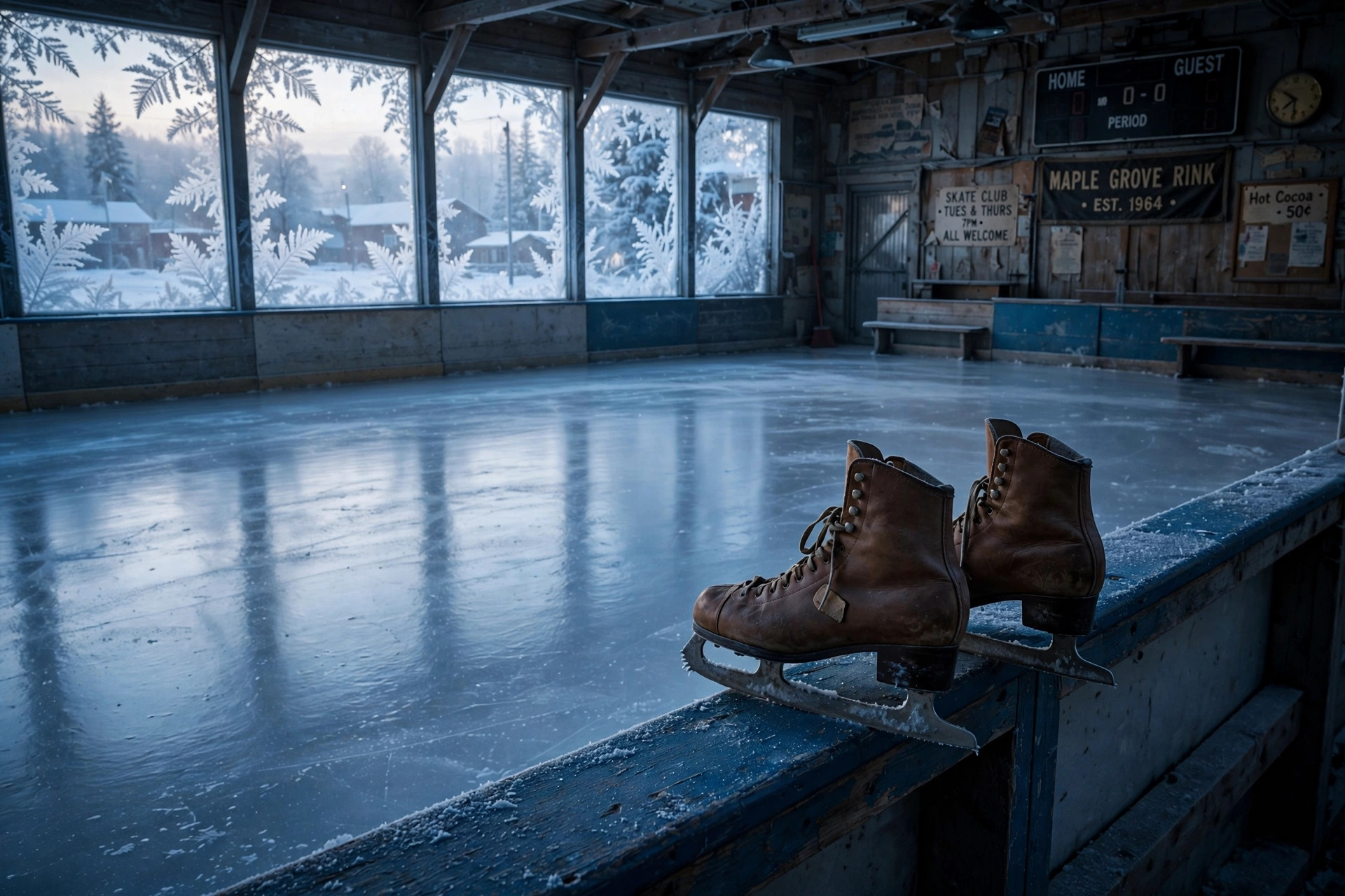 A dim empty skating rink at dawn with frost on the boards and a single pair of skates resting on the barrier