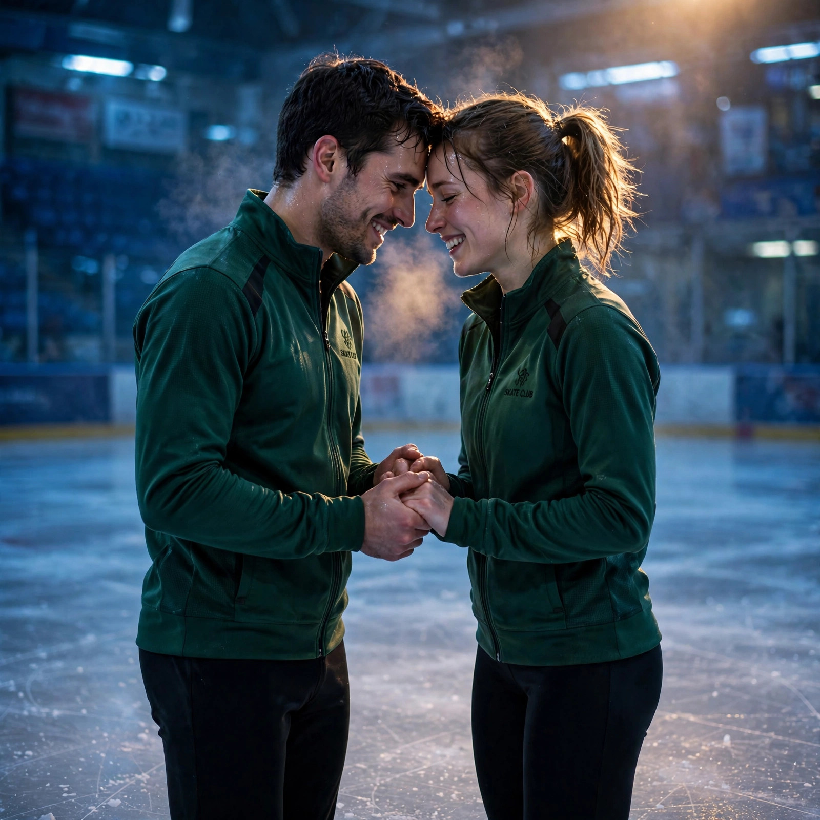 A woman in a warm coat and scarf watching two teenage skaters practice at a small town rink, her expression soft with old memories