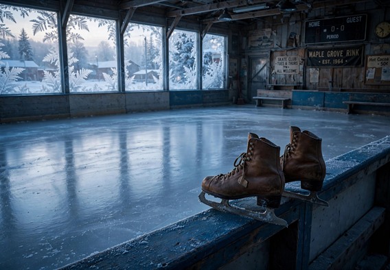 Cinematic romance still of a dim small-town ice rink at dawn, frost flowers on the glass, empty gleaming ice, a single pair of worn figure skates resting on the barrier boards, snow visible outside the windows, cold blue morning light, nostalgic and quiet mood, no people