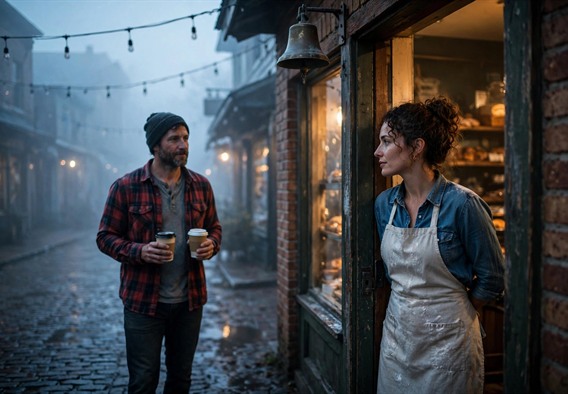 Cinematic romance still, dawn on a misty small town main street: a woman in her early thirties in a flour dusted apron stands in the doorway of a cozy brick bakery with a vintage bell above the door, warm golden light spilling out, wet cobblestones, string lights unlit overhead, a man in a flannel shirt approaching with two coffee cups, soft fog, warm amber and cool blue palette, shallow depth of field, no text