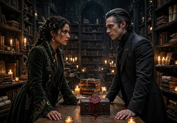 Cinematic romance still: a vast candlelit archive at midnight, iron shelving and sleeping leather ledgers, a confident adult witch in a dark green coat standing across an oak table from an elegant silver-templed vampire in a charcoal suit, an iron box sealed with blood-red wax between them, tension and attraction in their locked gaze, warm candlelight against deep shadow, moody gothic atmosphere