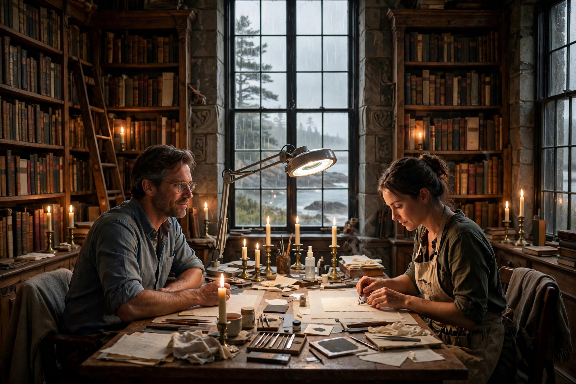 A candlelit reading room inside an old stone library on the Maine coast, shelves of leather books fading into shadow