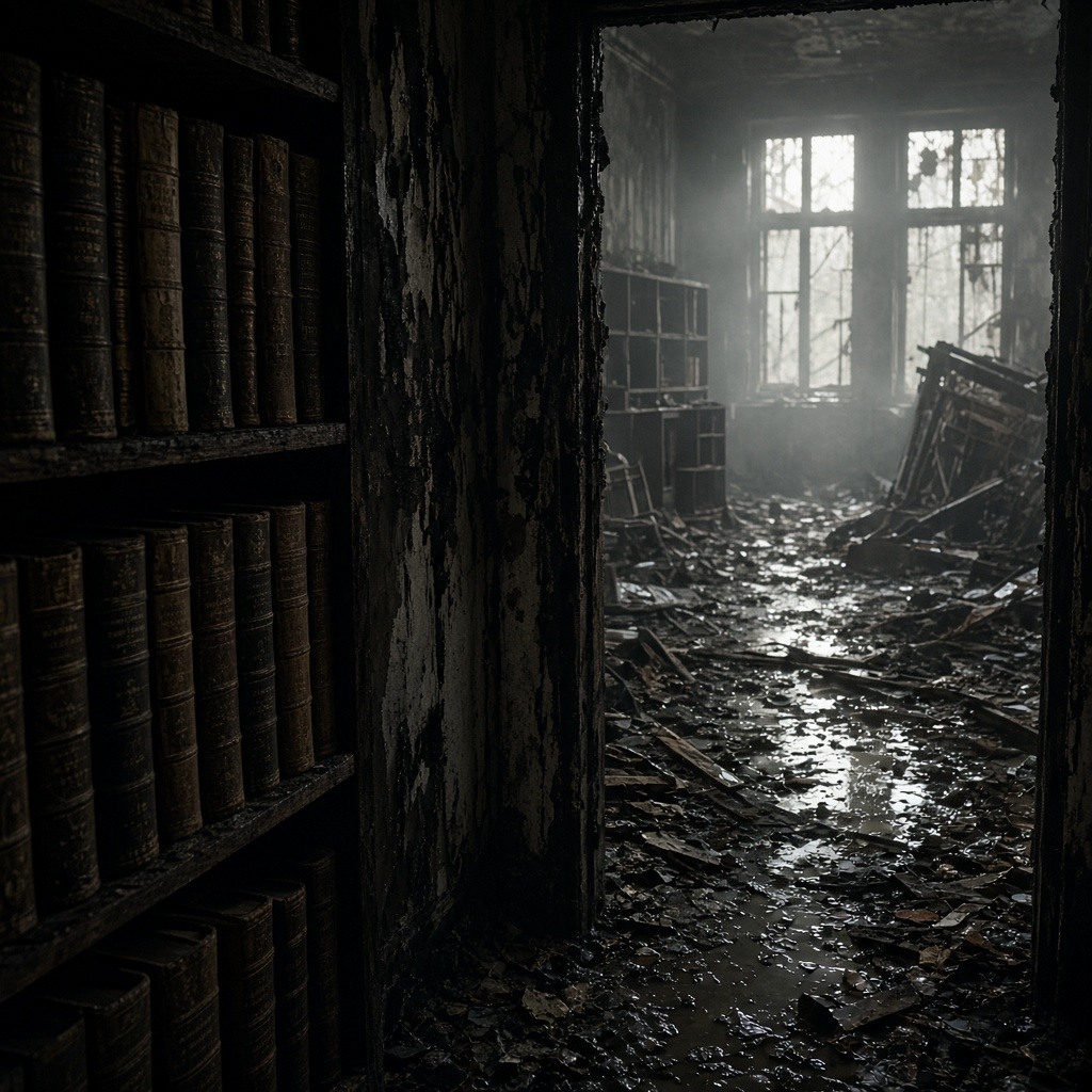 A woman and a man silhouetted against smoke haze in a dark library doorway, emergency light washing the scene in amber