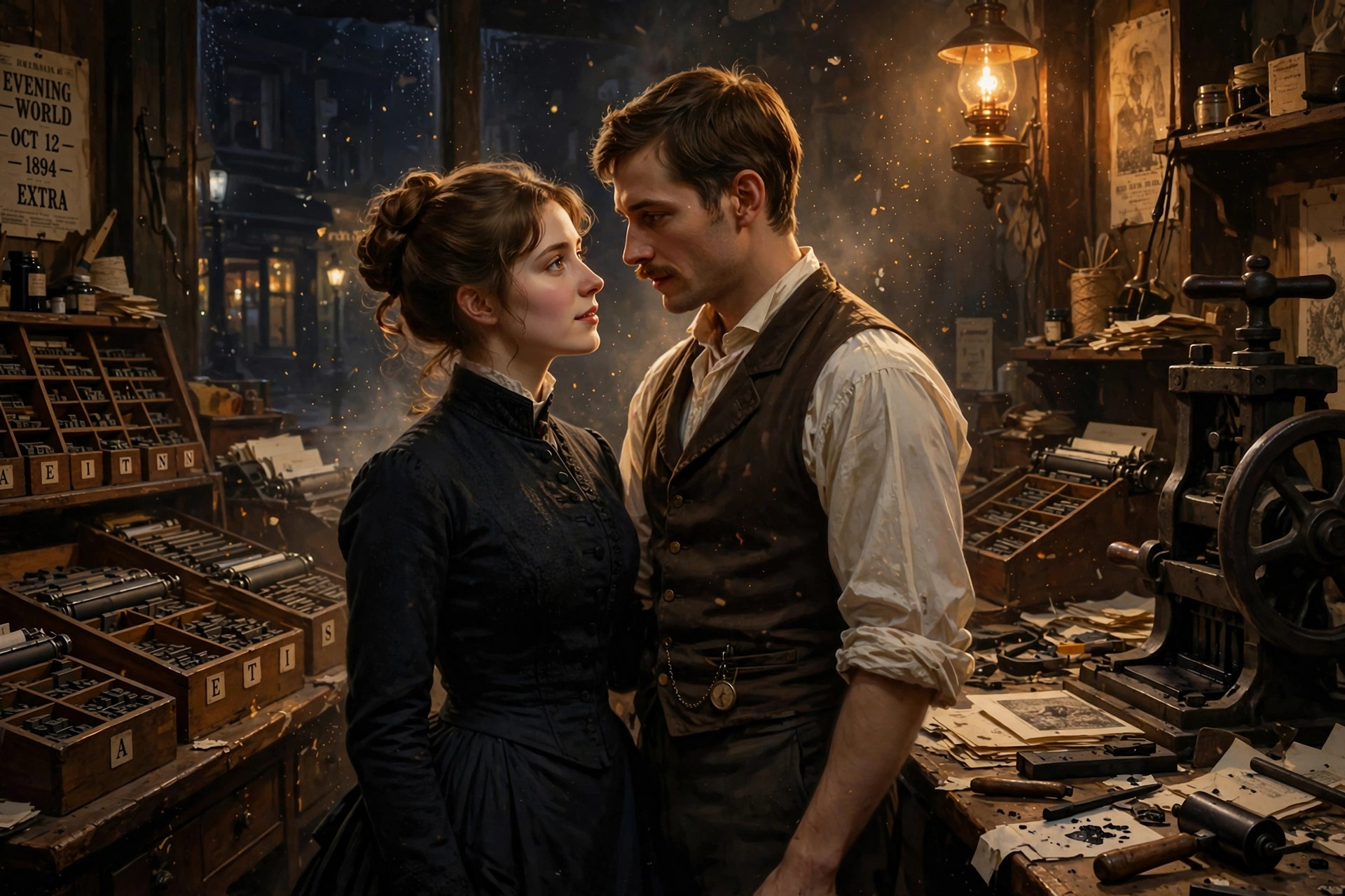 A woman in an 1890s walking dress and a man in a dark sack suit stand close together among wooden type cases in a lamplit print shop.