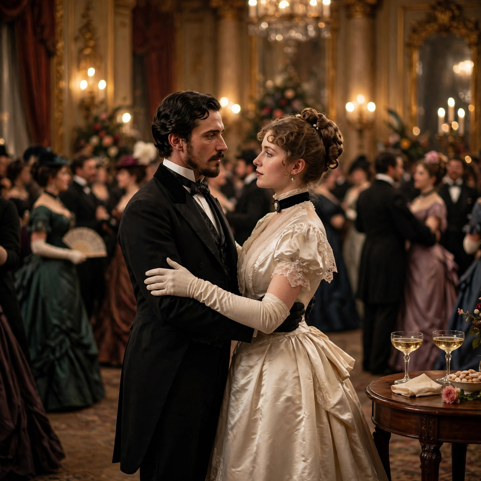 A man and woman in late Victorian evening dress pause mid-waltz in a lamplit hall, looking at one another as the crowd blurs behind them.