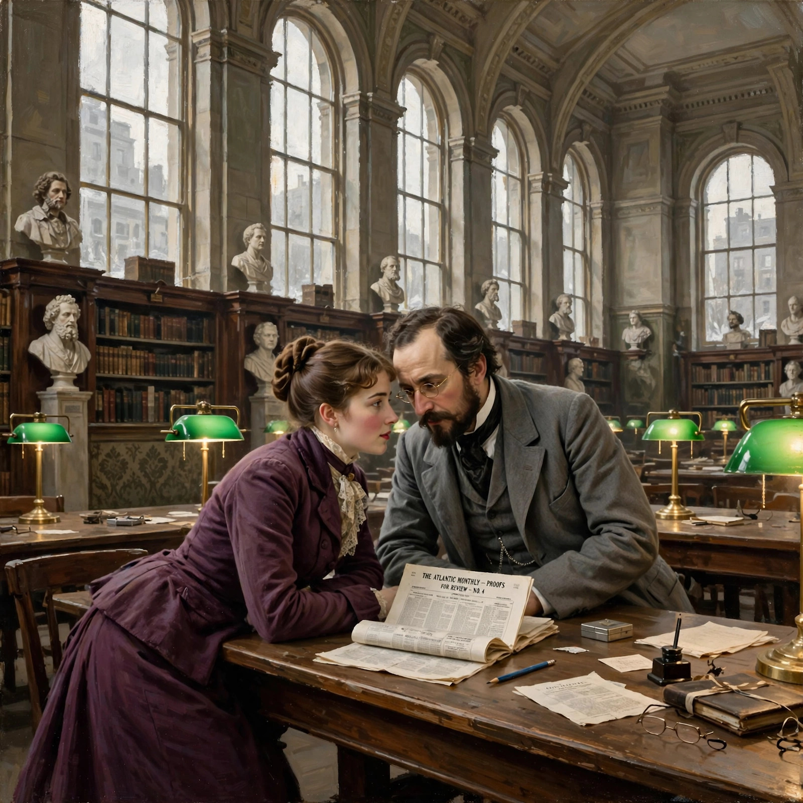 A woman in a tailored 1890s skirt and jacket sits across a library table from a man in a waistcoat, a folded galley proof between them, both leaning toward one another.