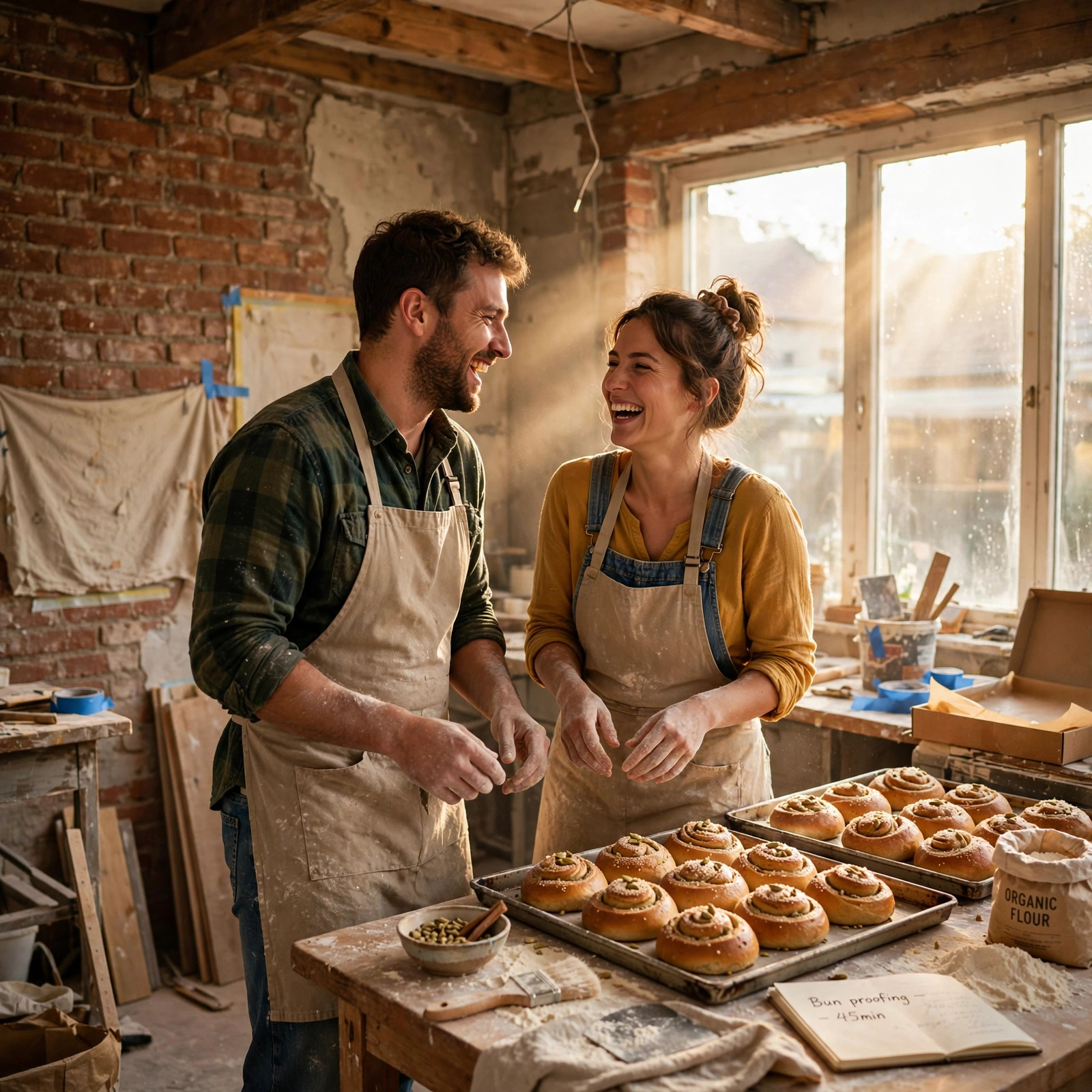 A man and a woman in work clothes laugh together in a half renovated bakery kitchen, flour on their hands, morning light through a cleaned window.